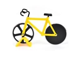 Cortador de pizza amarillo con forma de bicicleta y base antiadherente de acero inoxidable.