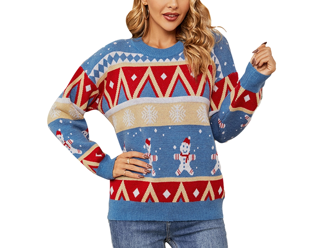 Jersey De Navidad Para Mujer Con Estampado De Muñeco De Nieve, Cuello Redondo, Tejido Casual Azul Talla M