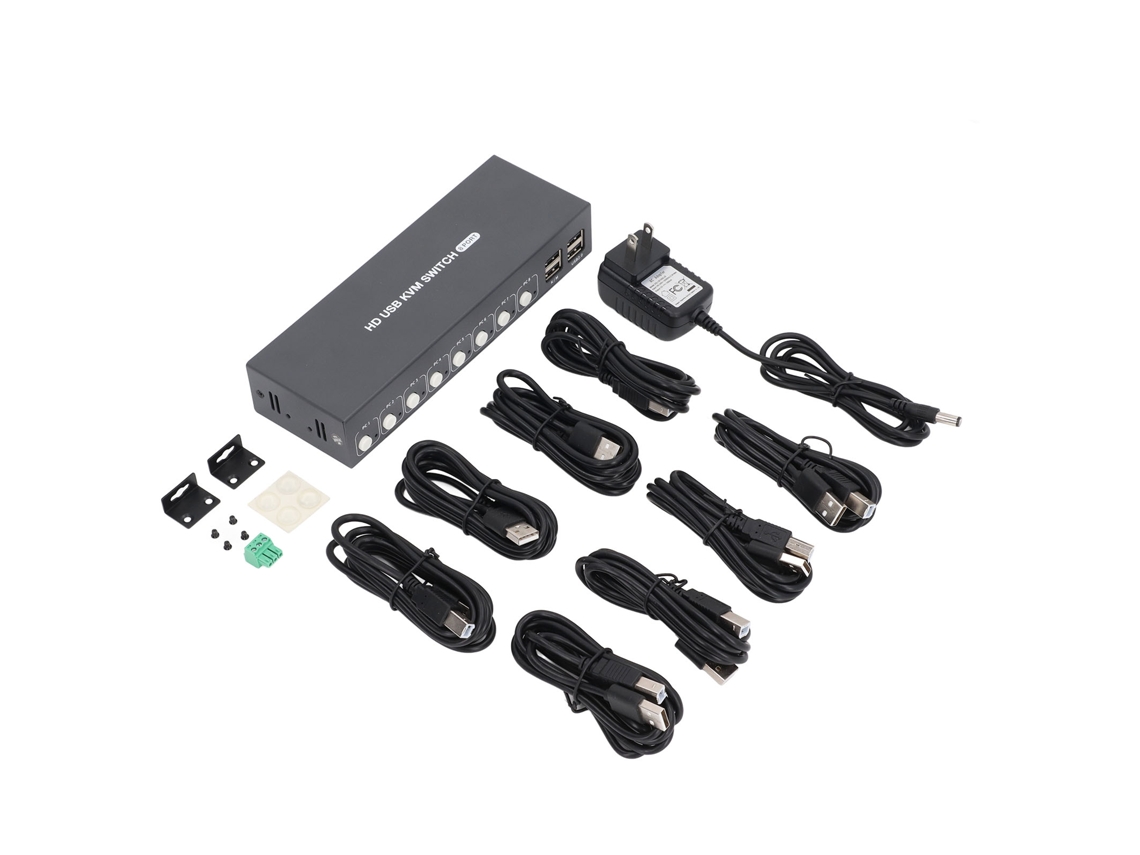 Conmutador KVM USB de 8 puertos 4K a 30 Hz para 8 ordenadores, que permite compartir 1 pantalla y 4 dispositivos USB.