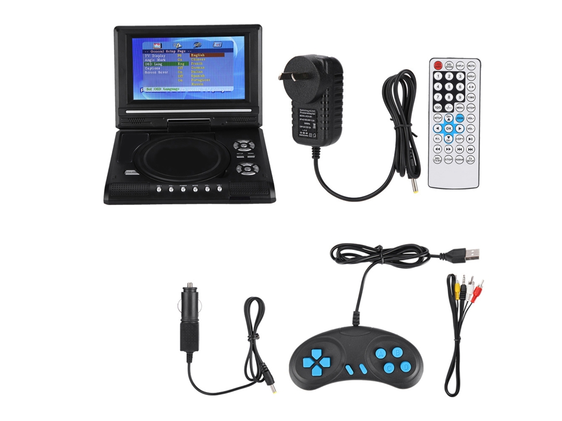 Reproductor de DVD portátil (pantalla giratoria y cargador para coche)