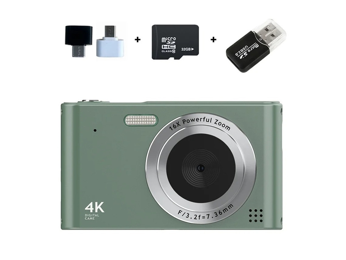 Mini cámara compacta UHD 4K, cámara digital, enfoque automático, zoom 16x, 32 g, verde, Bestvite