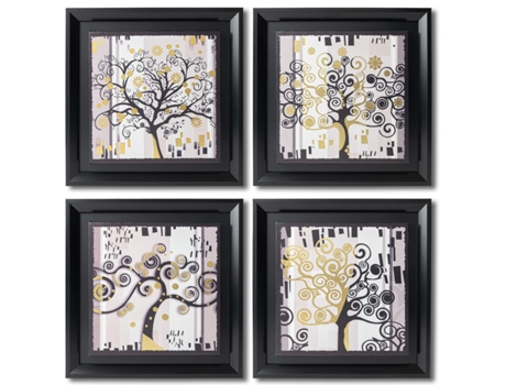 Cuadros Decoracion Salon Modernos ARBOL DE LA VIDA NEGRO ORO 30x30 cm x4 piezas - Set de Cuadros con Marco Negro. DEKOARTE