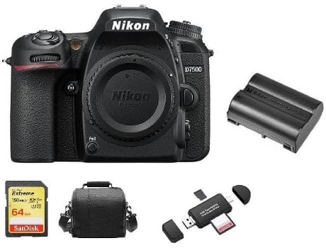 Kit Cámara Réflex NIKON D7500 Corpo + Tarjeta SD de 64GB + Funda para cámara + bateria EN-EL15A + Lector de Tarjeta de memória