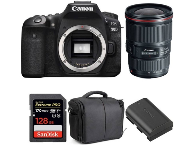 Kit Cámara Réflex CANON EOS 90D + EF 16-35mm f/4L IS USM + SanDisk 128GB + LP-E6N + Bolsa