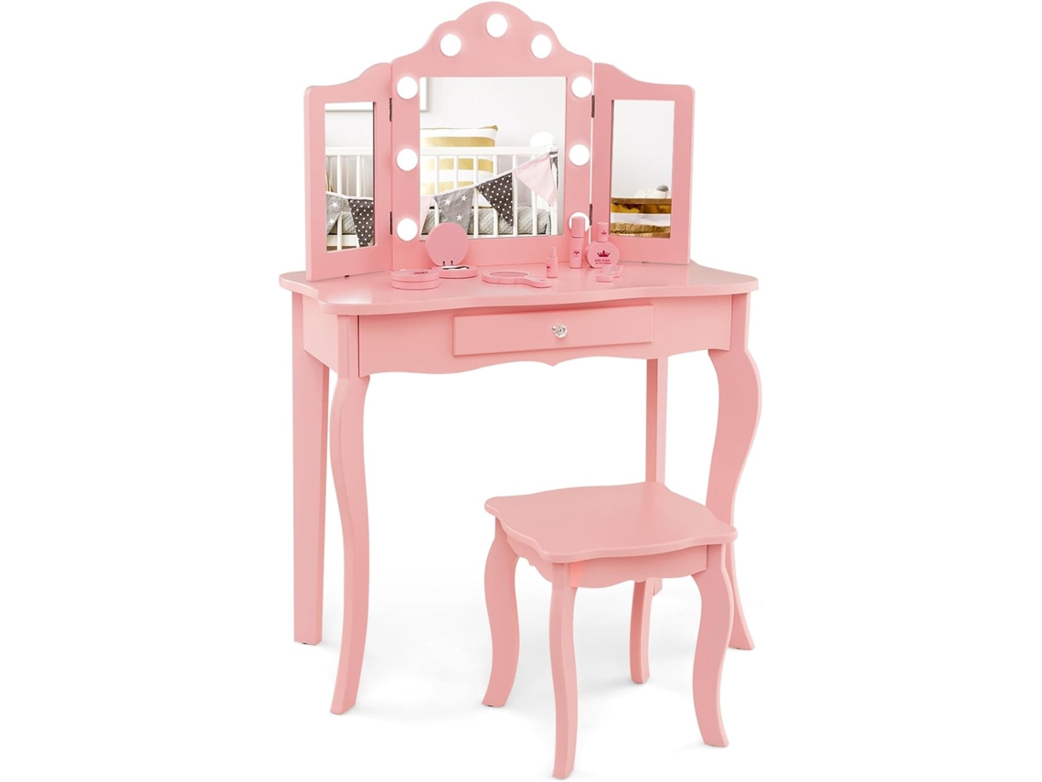 Tocador de Maquillaje para Niña con Taburete, Juego de Maquillaje Princesa 2 en 1 con Espejo Triple Plegable de Vidrio y Cajón para Niñas COSTWAY