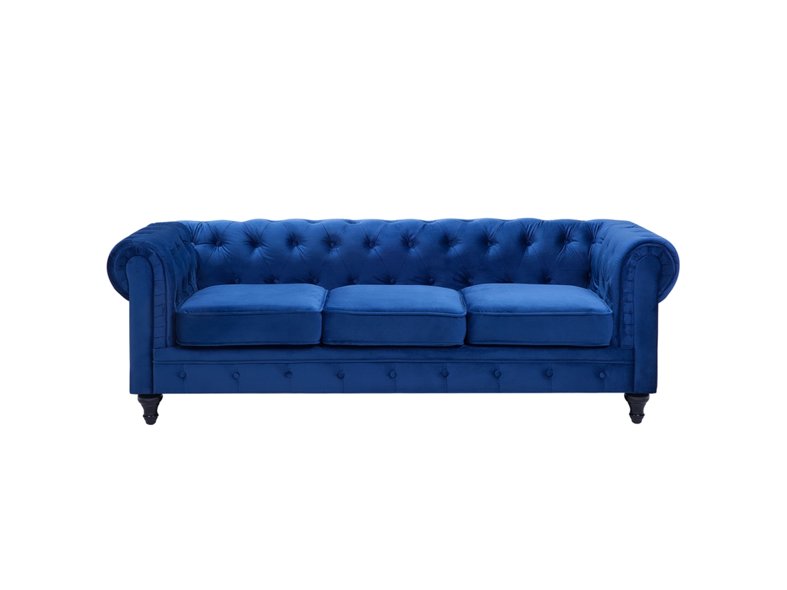Sofá de 3 plazas BELIANI Chesterfield de Terciopelo Azul 201x75x70
