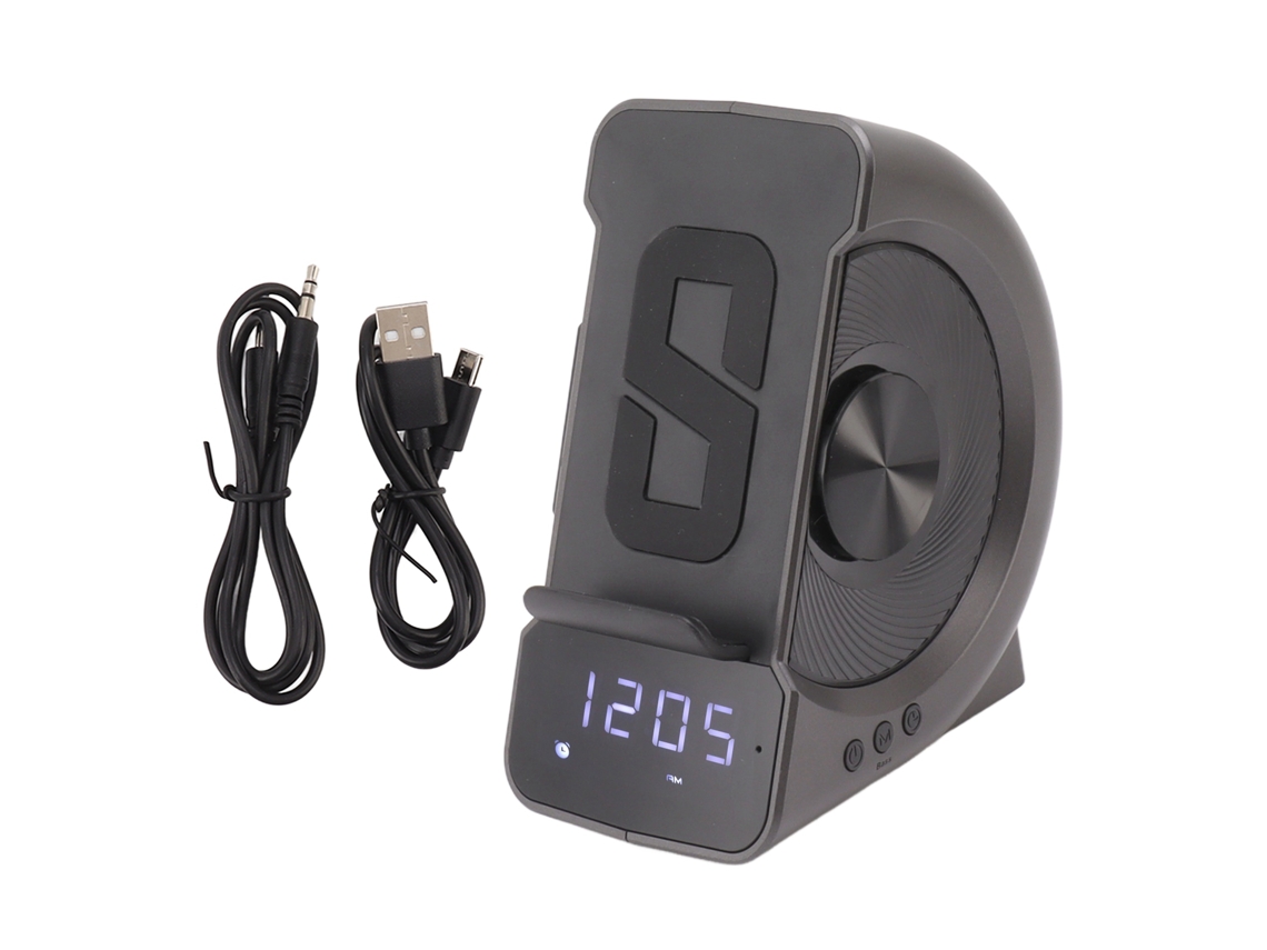 Altavoz Bluetooth Baok 3 en 1 con despertador y carga inalámbrica, 10 W, para mesita de noche, gris.