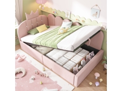 Sofá Cama Infantil 90x190 Cm Terciopelo Rosa, Almacenamiento Hidráulico, Diseño Corona, Colchón No Incluido.