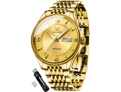 VEANXIN Reloj automático de acero inoxidable resistente al agua con calendario luminoso para hombre(oro)
