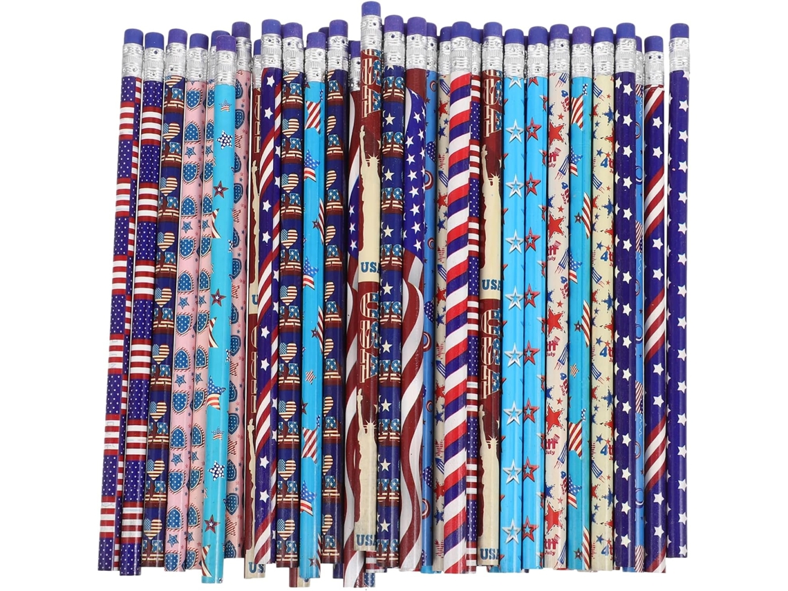 Juego De 48 Lápices De Madera Con Temática Del Día De La Independencia De Estados Unidos Y Diseño De La Bandera Estadounidense.