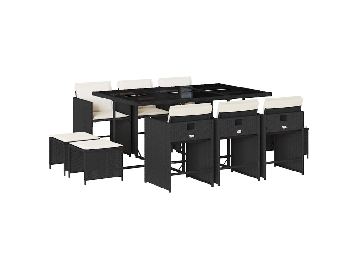 Juego de 11 piezas de comedor de jardín con cojines de mimbre, color negro, EXCLUSIVA DE LA CASA