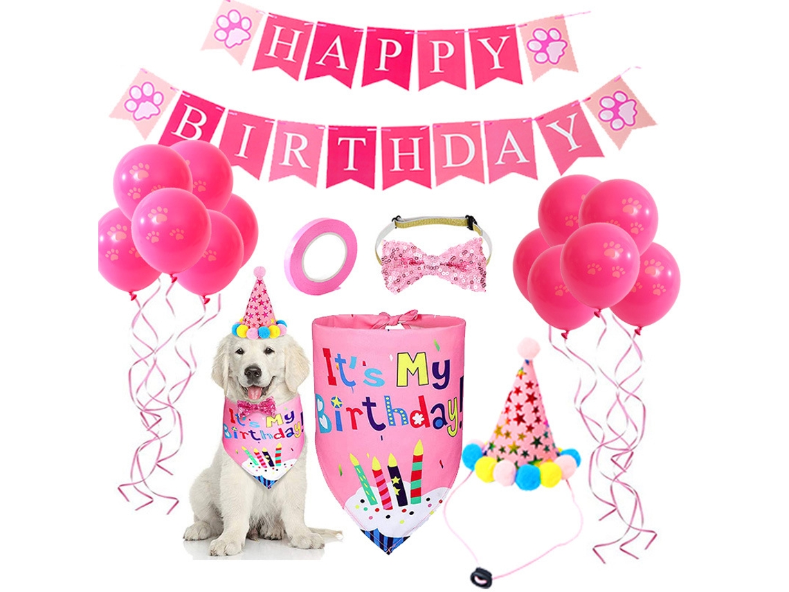 Kit de fiesta de cumpleaños para perros pequeños, medianos y grandes: sombreros, banderas y globos - Rosa - PANOONA