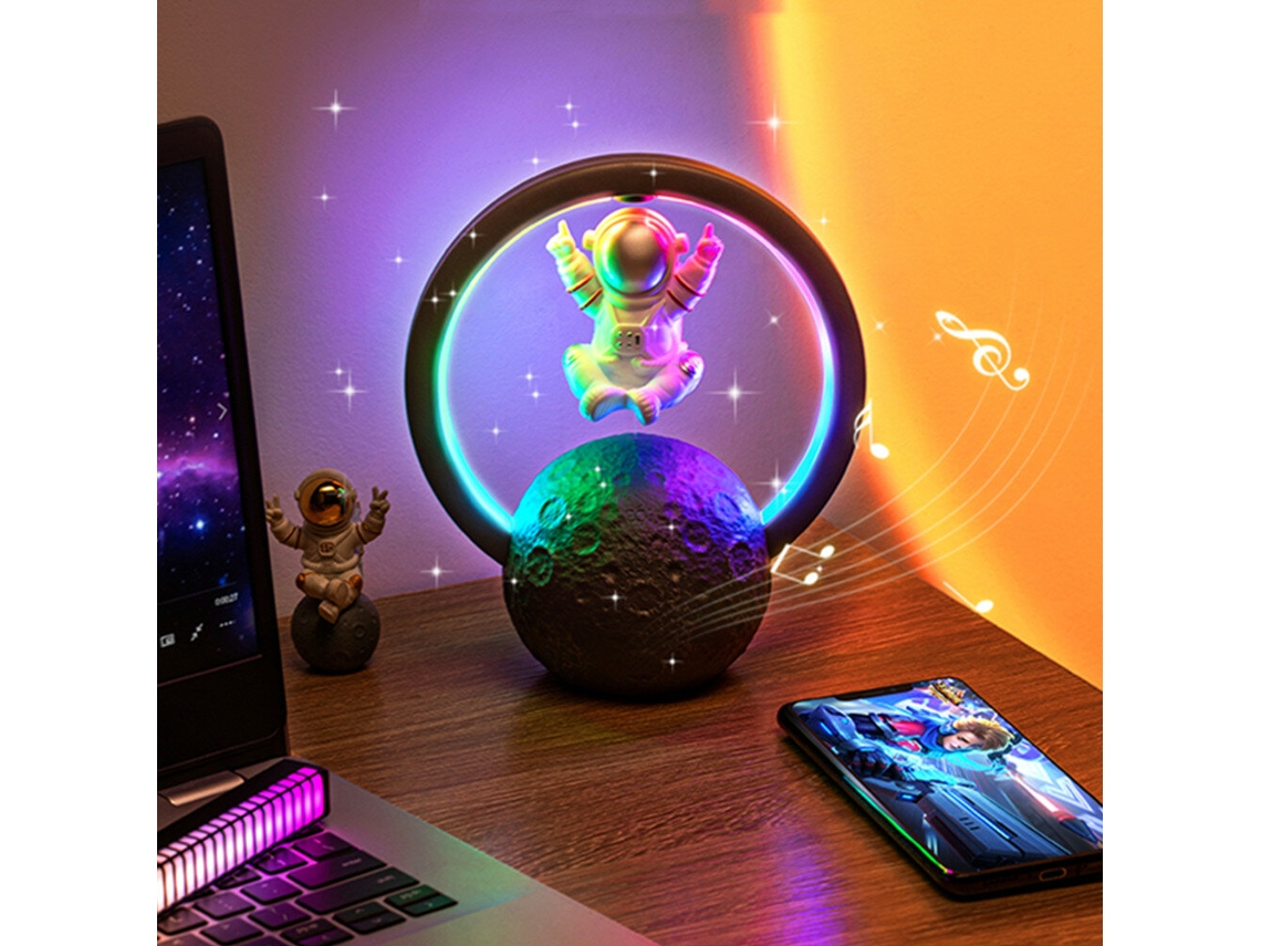 Astronauta Magnético Levitante Dorado #b - Luz Nocturna LED RGB con Reproductor de Música y Altavoz Bluetooth - Lámpara de Mesa - Decoración del Hogar