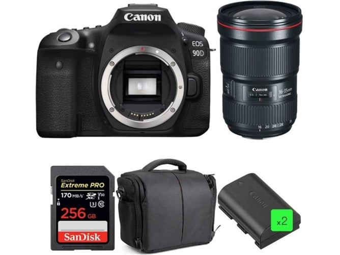 Kit Cámara Réflex CANON EOS 90D + EF 16-35mm f/2.8L III USM + SanDisk 256GB + 2 LP-E6N + Bolsa