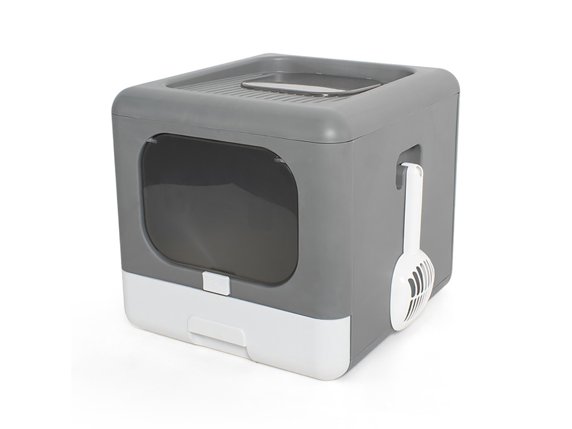 Caja de arena cerrada para gatos de PP, sin olor, plegable, antisalpicaduras, con pala, 2 puertas, inodoro para gatos, suministros para mascotas, color gris