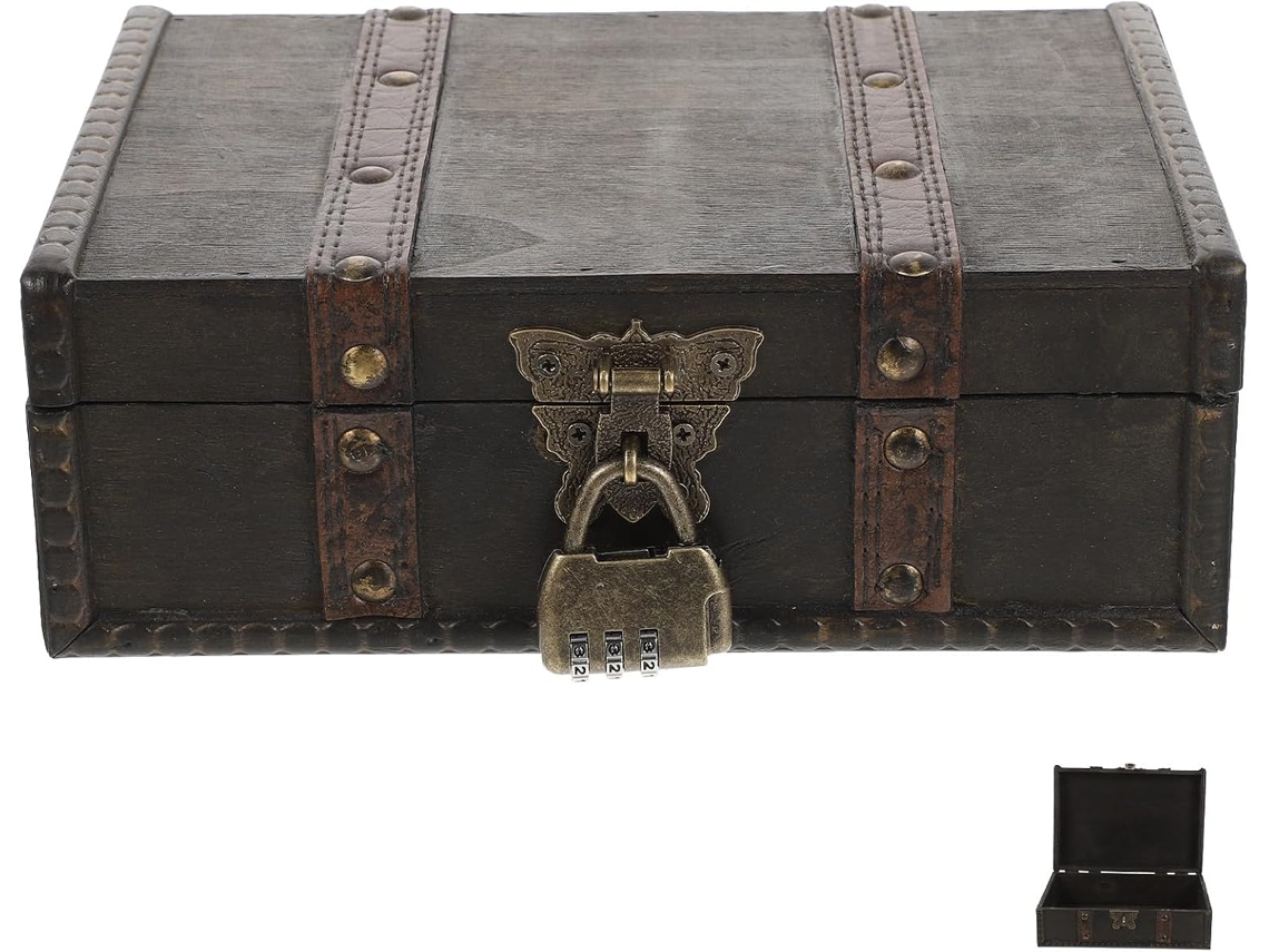 Caja de joyería de madera vintage con pátina gris y cerradura de combinación, estuche de almacenamiento compacto. SFUSHOS