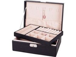 Caja Joyería Organizadora De 2 Capas Con Cierre Seguro De Cuero Pu Negro Para Collares Anillos Pendientes Relojes