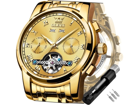 VEANXIN Reloj luminoso impermeable de acero inoxidable mecánico automático Tourbillon para hombre(oro)