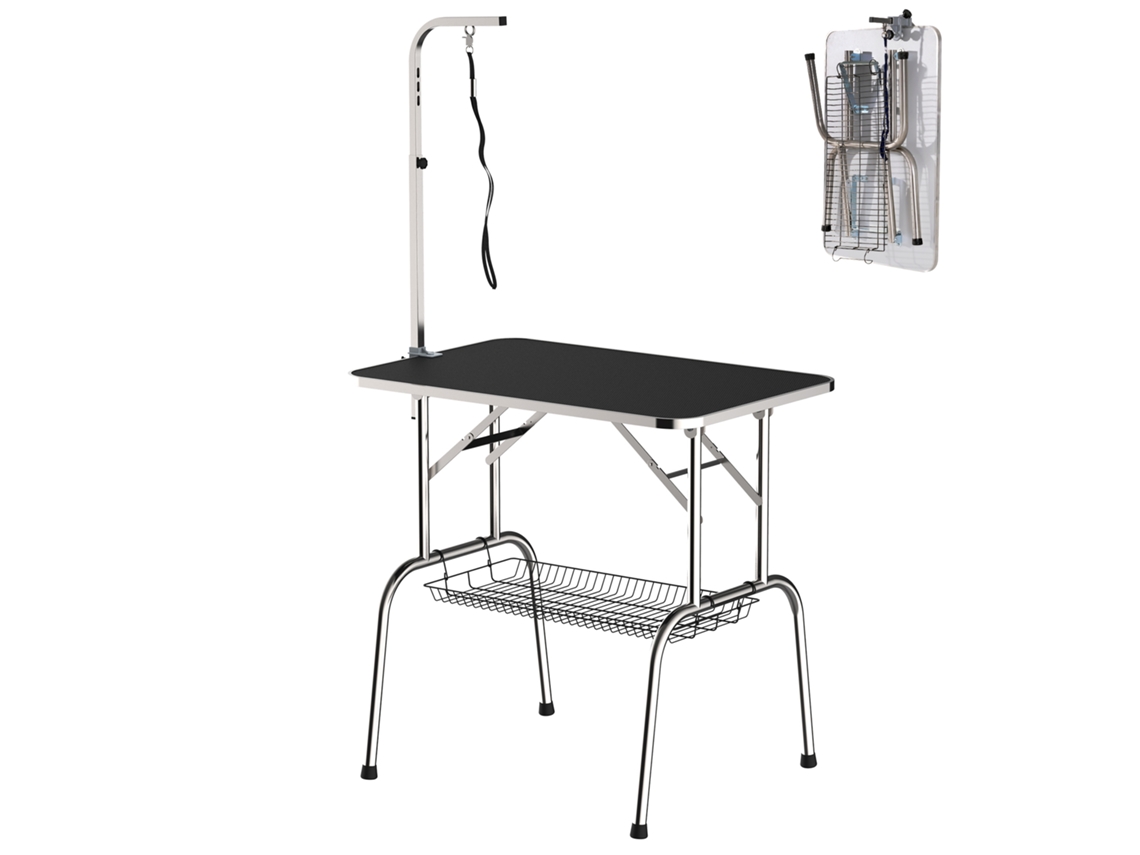 Mesa De Peluquería Plegable Con Altura Ajustable, Acero Inoxidable, Color Negro.
