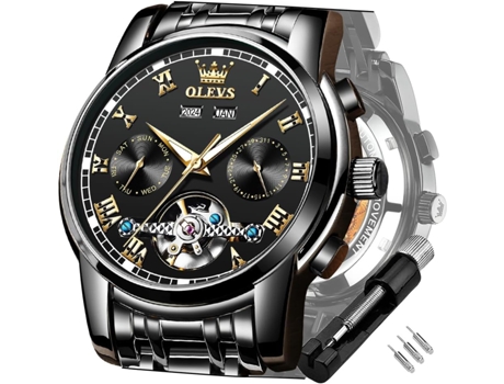 VEANXIN Reloj luminoso impermeable de acero inoxidable mecánico automático Tourbillon para hombre(negro)