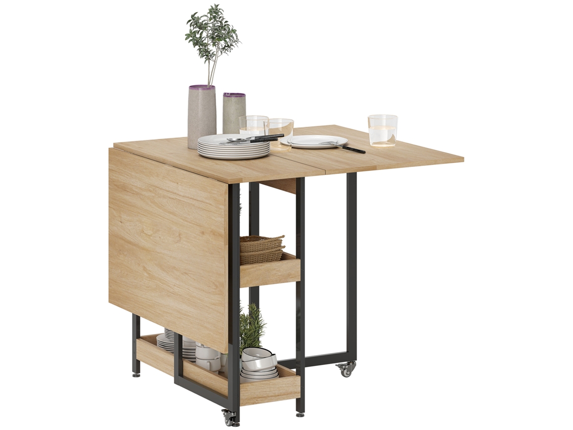 Mesa de comedor plegable con ruedas para 4 personas con compartimentos abiertos, ideal para espacios pequeños, comedor, roble.