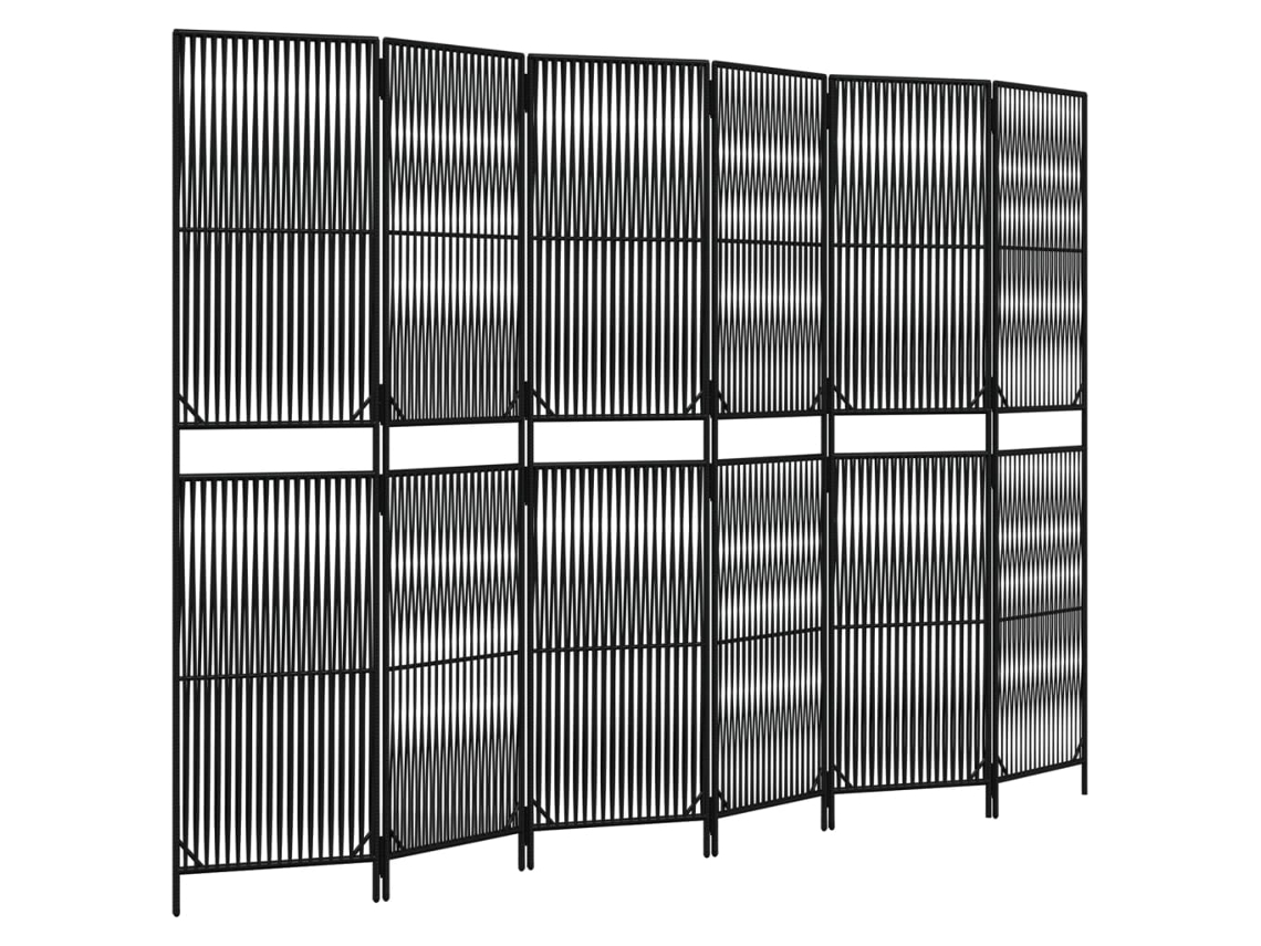 Biombo separador de ambientes, 6 paneles en resina tejida negra y acero Dec031134