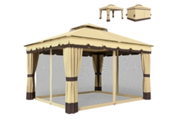 Pérgola de jardín de 3,7 x 3 m con doble techo, 4 cortinas, mosquitera y estructura de acero beige. ZENCORE SERVICES