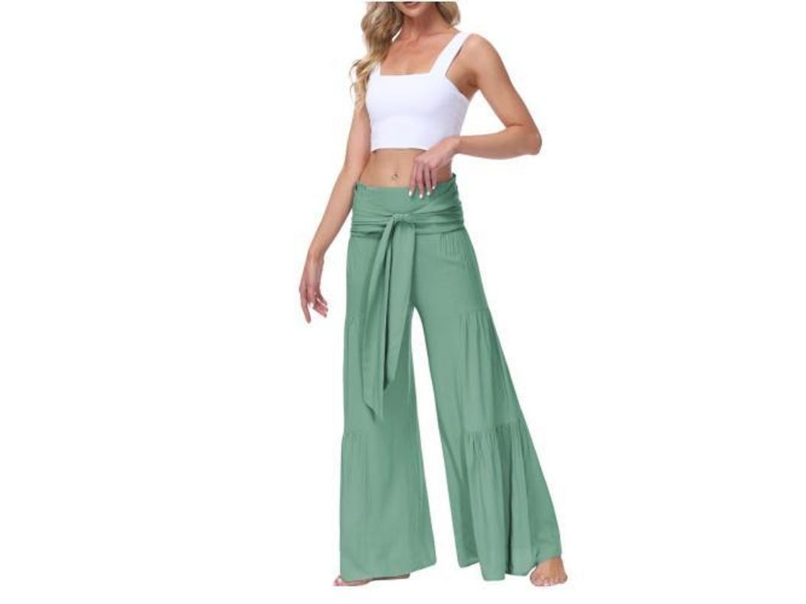 2026-pantalones De Pijama De Pierna Ancha Para Mujer De Cintura Alta Con Cinturón Nudo Para Yoga Y Playa M Verde Menta