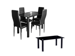 Pack Elegance: Mesa de Cristal Templado 4 Sillas Polipiel Mesa de Centro de Cristal Templado Negro SALDOSYSTOCKS