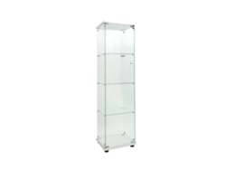Vitrina de cristal con iluminación LED, diseño que ahorra espacio, cuatro estantes blancos e iluminación.