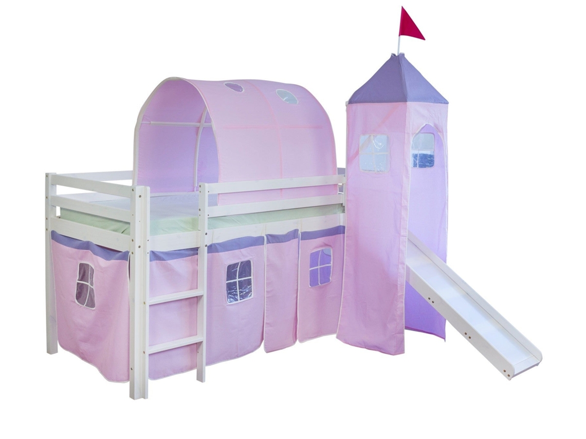 Cama Semi-Alta 90X200Cm para Niños Tobogán Y Escalera de Madera Blanca Y Lona Rosa Incluida Lit06107 MOBIKASA
