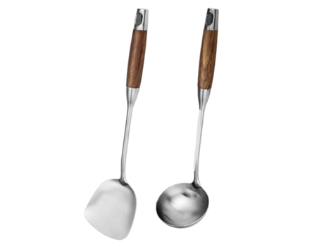 Juego De Utensilios De Cocina De 2 Piezas, Acero Inoxidable 304, Pala Wok Y Cuchara Sopera Con Mango Largo De Madera Resistente Al Calor ZMDECQNA