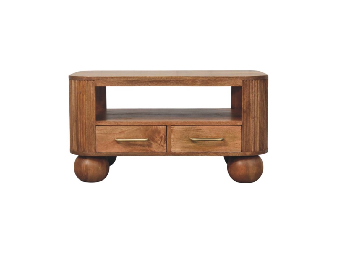 Mesa de centro acanalada de madera maciza de brezo, 2 cajones, 1 estante, muebles artesanales marrones