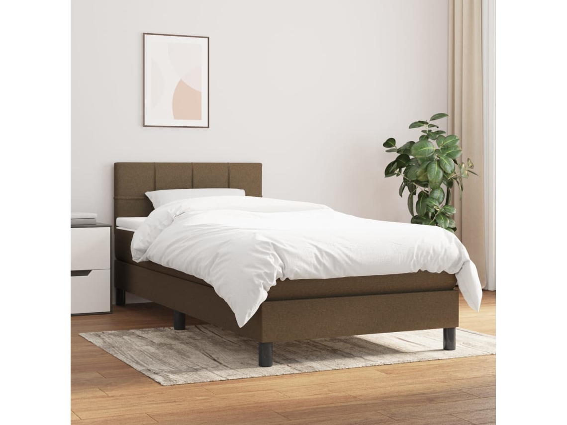 Cama Box Spring Con Colchón Tela Marrón Oscuro 90x200 Cm
