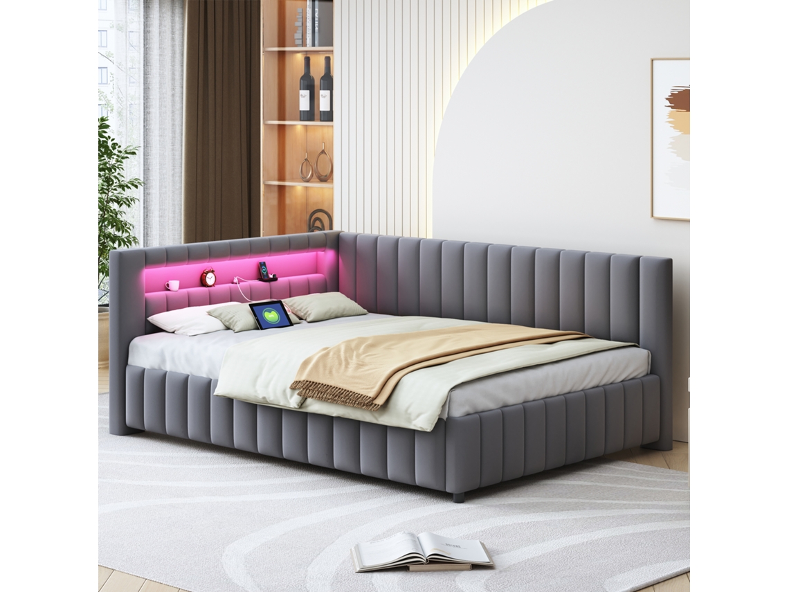 Sofá Cama De Terciopelo De 140x200 Cm Con Cabecero Acolchado Led.