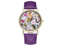Reloj De Pulsera De Cuarzo Para Mujer Con Correa De Piel Sintética, Estilo Sencillo Y Estampado Floral Morado.