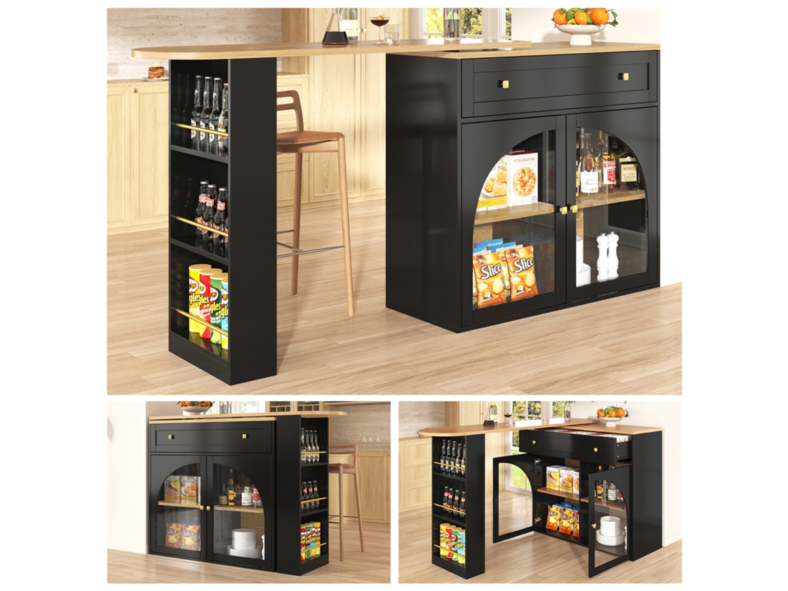 Mesa De Bar Extensible 138-204cm - 360° Giratoria, Mesa Alta, Mesa De Cocina/bistró Con Estantes Y Vidrio - Negro