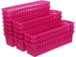Juego De 12 Cestas De Almacenamiento De Plástico Rosa Fucsia, Mini Organizadores Rectangulares, 254 X 71