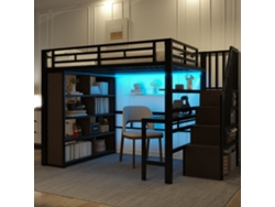 Cama Alta 140x200 - Estructura De Hierro, Escritorio, Estante, Led, Escalera Con Almacenamiento - Negro