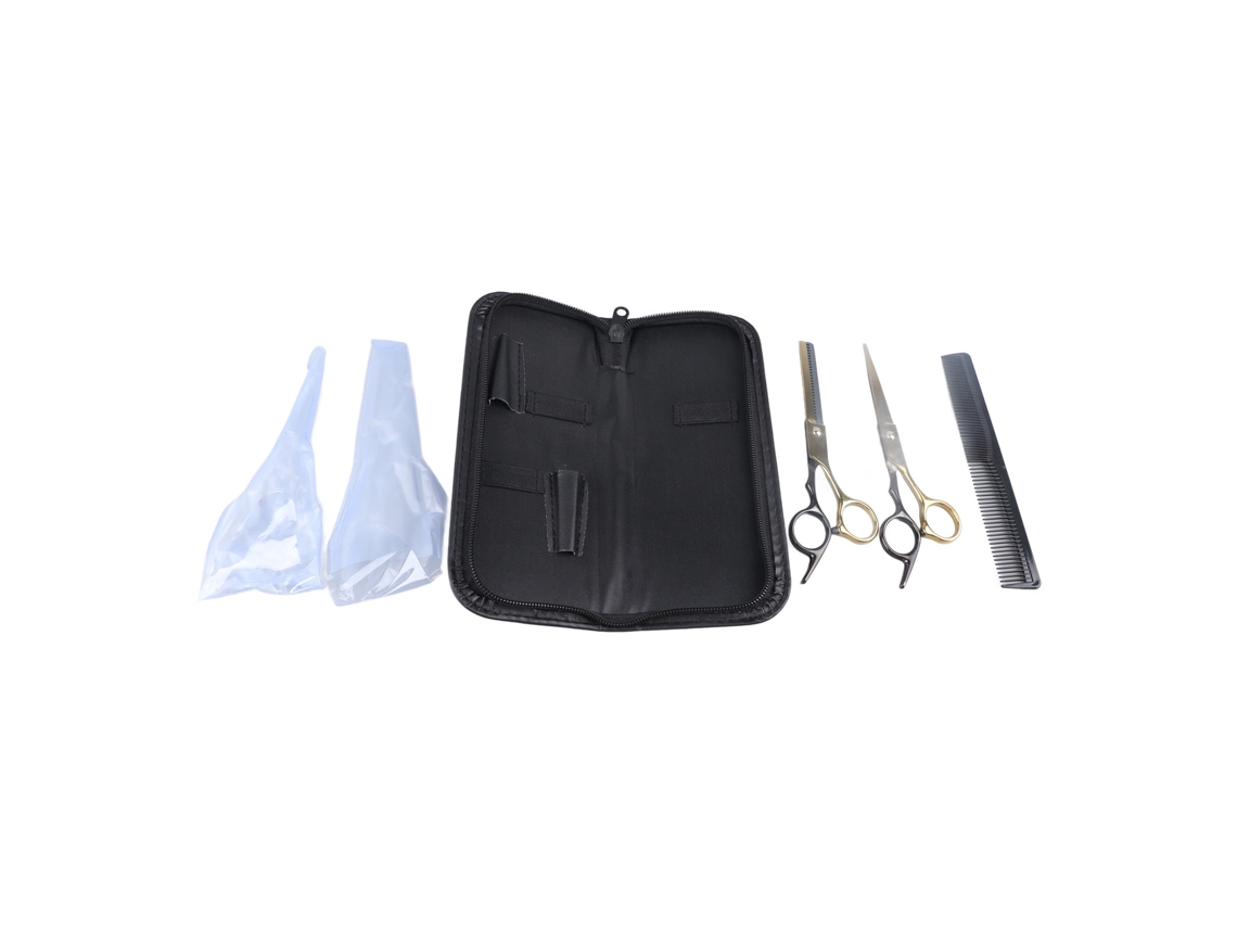 Tesoura de corte de cabelo manual em aço inoxidável 2026 com dentes planos para barbearia, salão de beleza e uso doméstico, nas cores preto e dourado.