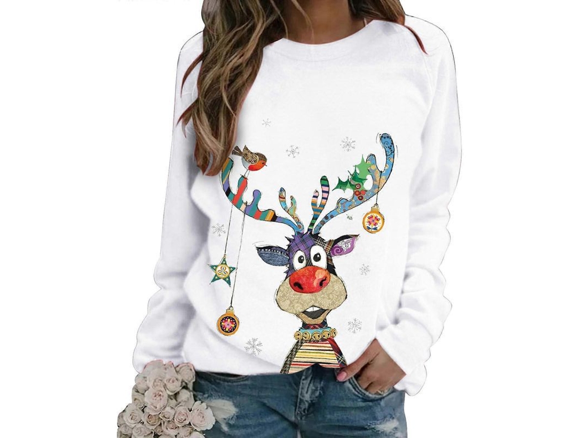 Jersey Navideño Para Mujer Con Estampado Temático, Manga Larga, Cómodo, De Alta Calidad, Talla 3xl, Blanco.