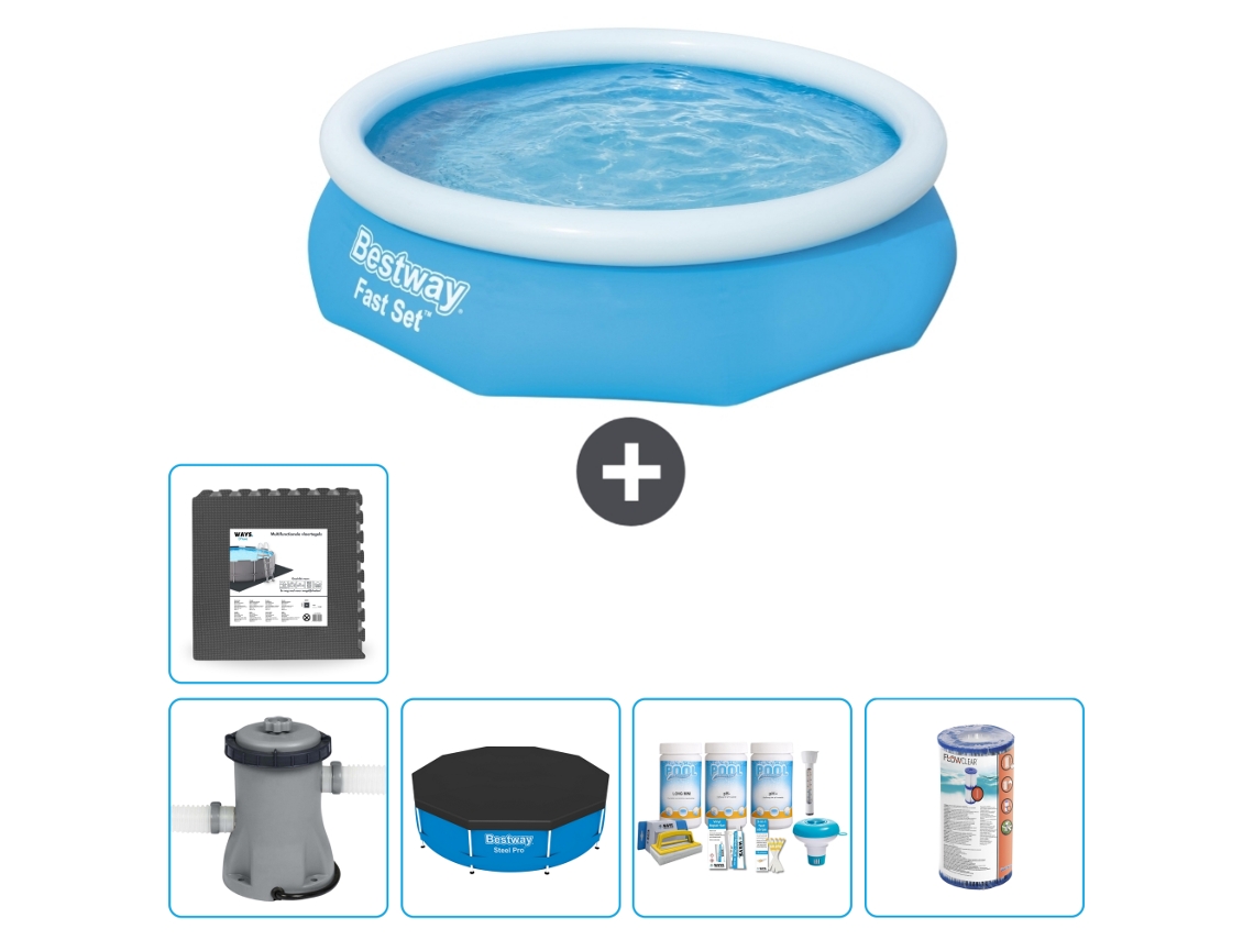 Piscina hinchable redonda Fast Set BESTWAY - 305 x 76 cm - Azul - Bomba incluida Cubrir - Paquete de mantenimiento - Filtrar - Baldosas
