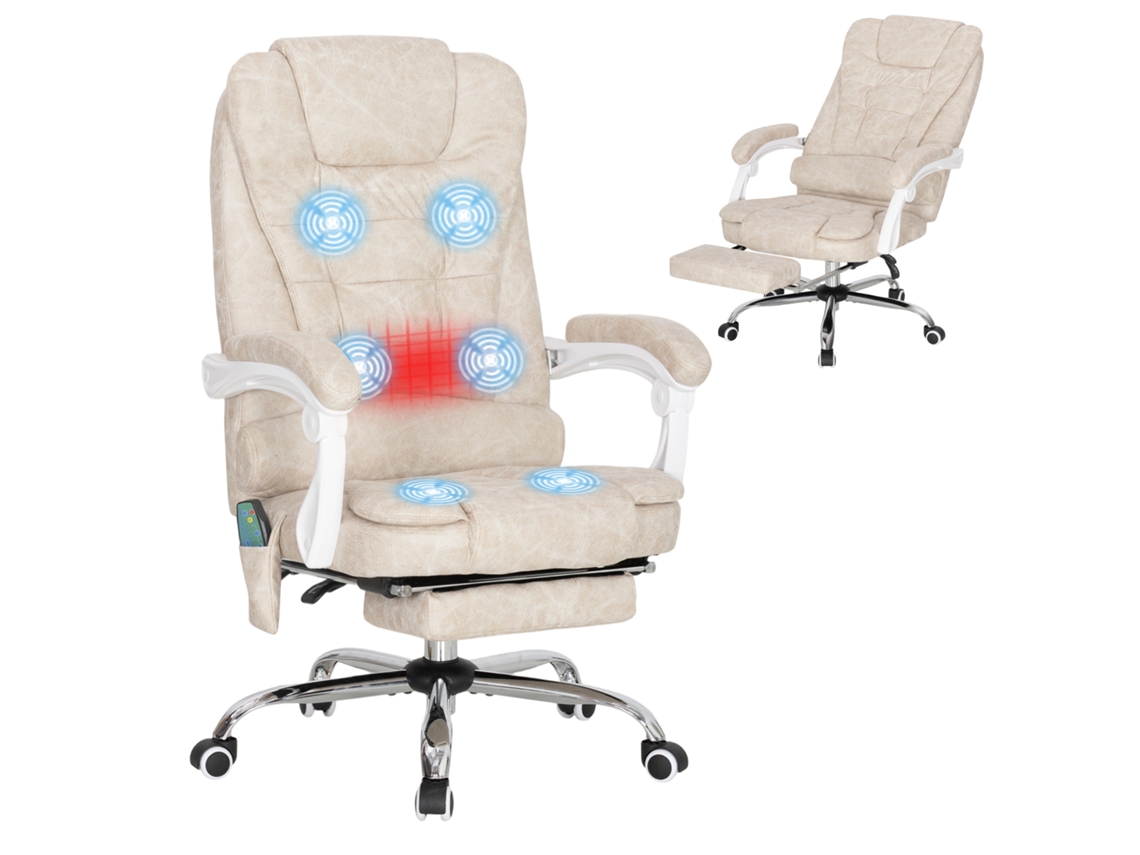 Silla De Oficina Con Masaje Y Calefacción, Altura Regulable, Respaldo Reclinable, 65x70x111-119cm, Color Crema.