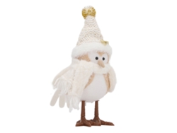 Lámpara con forma de pájaro, luz amarilla, linda figura con bufanda y sombrero blanco puntiagudo.