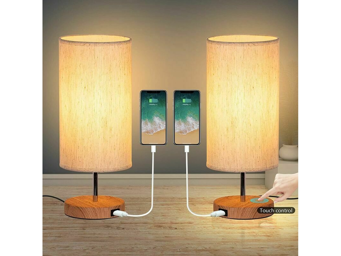 Lote de 2 lámparas de mesilla con control táctil, 3 temperaturas de color, brillo continuo y puertos de carga USB, ideales para dormitorios infantiles u oficinas.
