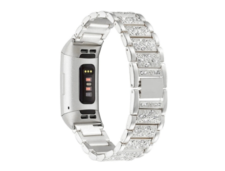 Correa de acero inoxidable cadena de diamantes de imitación para Fitbit Charge 3/4 - plata