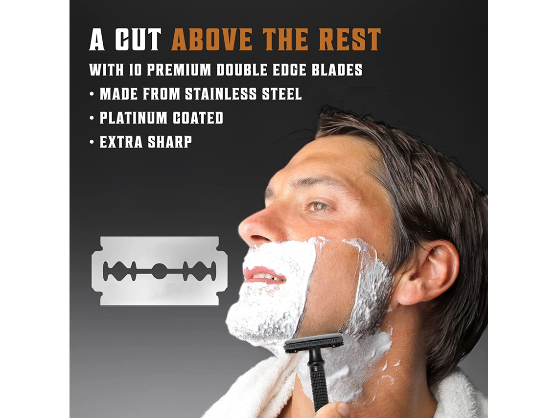 Aparelho de barbear manual de lâmina dupla para homem, modelo 2026, com cabo longo e 10 lâminas de aço inoxidável.