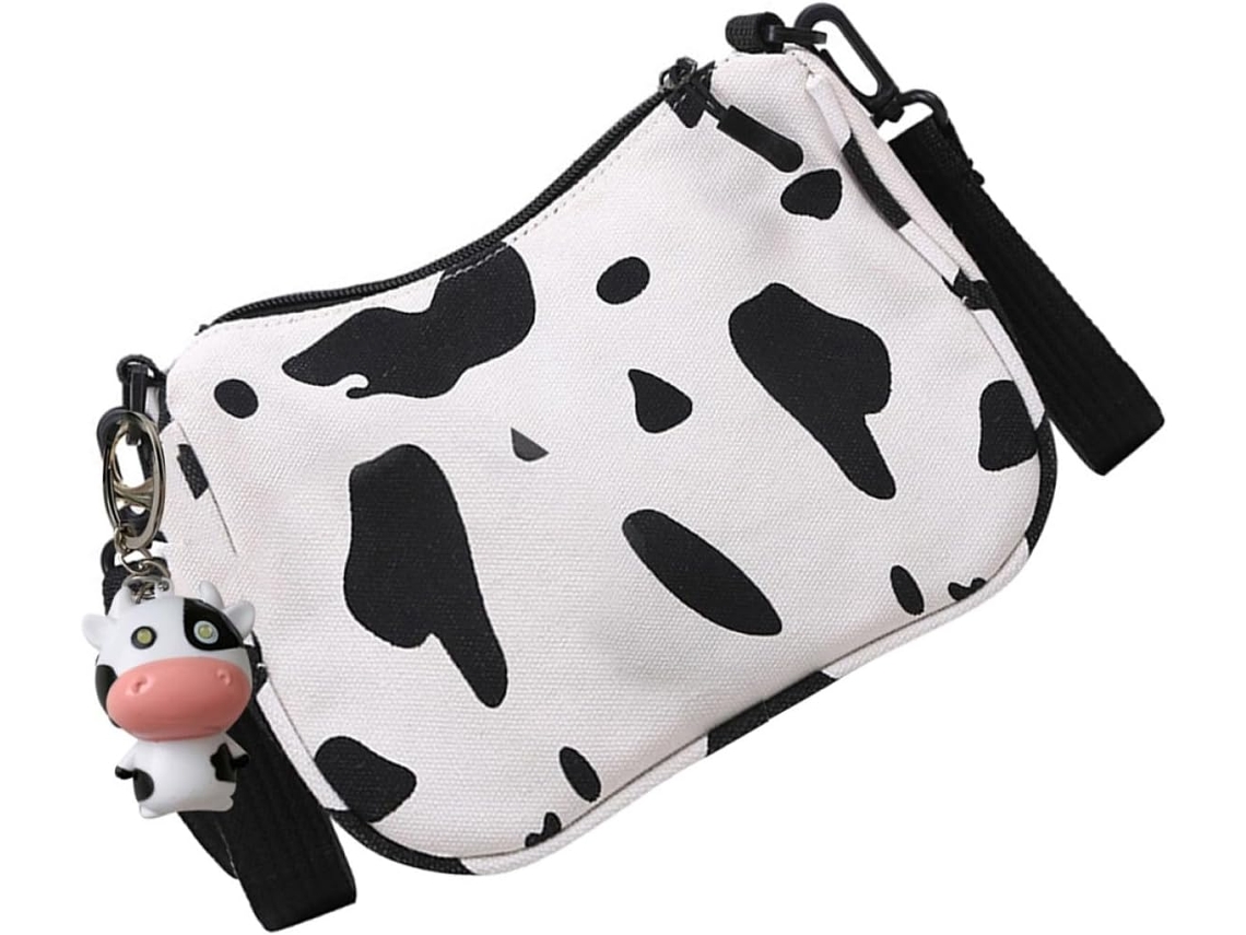 Bolso De Hombro De Estilo Japonés En Lona Blanca Con Estampado De Vaca, Pequeño Bolso De Cadena