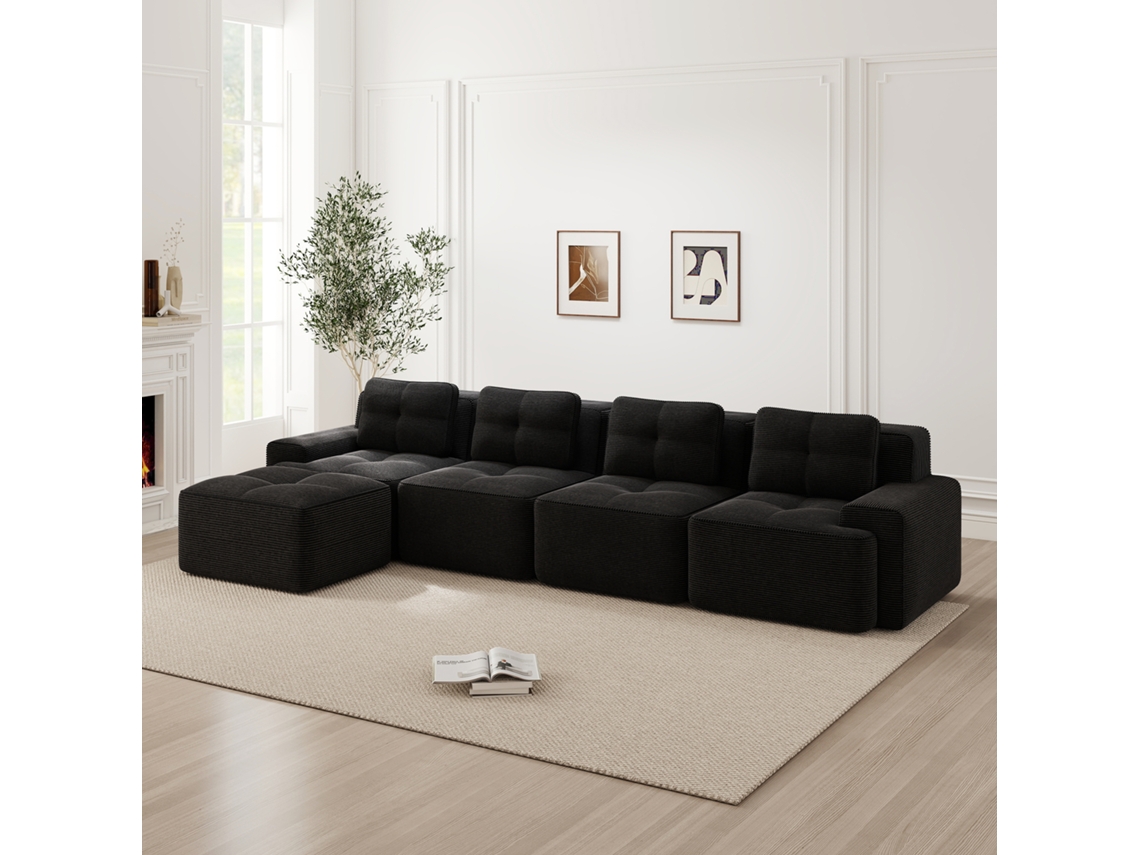 Sofá Modular 4 Plazas En L - Chaise Longue Profundo Sin Montaje - Negro