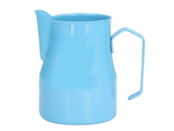 Jarra para espumar leche de acero inoxidable de 550 ml en color azul con diseño de calavera y pico olécranon